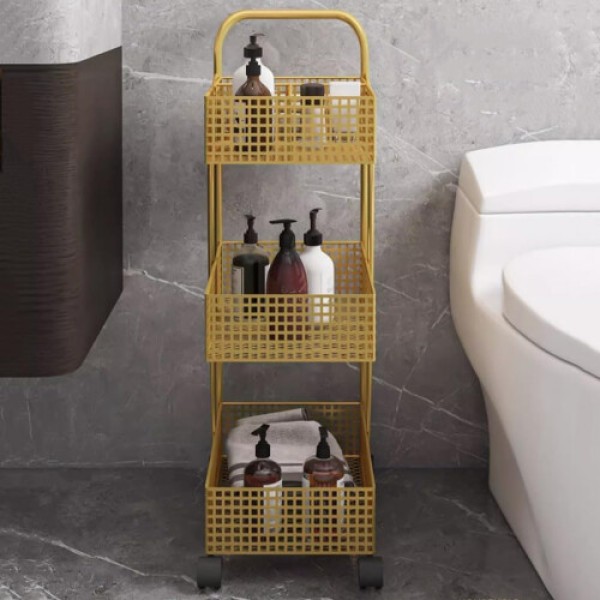 3 Tier Bathroom Storage Cart Metal Rolling Cart with Handle, 3 Shelves and 3 Hanging Baskets for Kitchen and Bathroom Organization